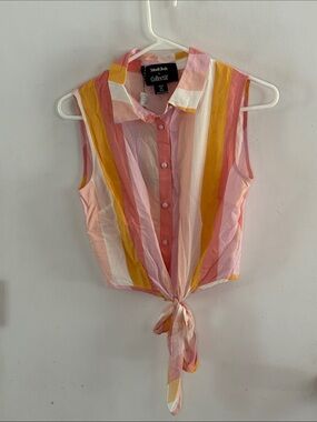 ModCloth x Collectif Clarabelle Peachy Stripe pink gold tie blouse  Size 4